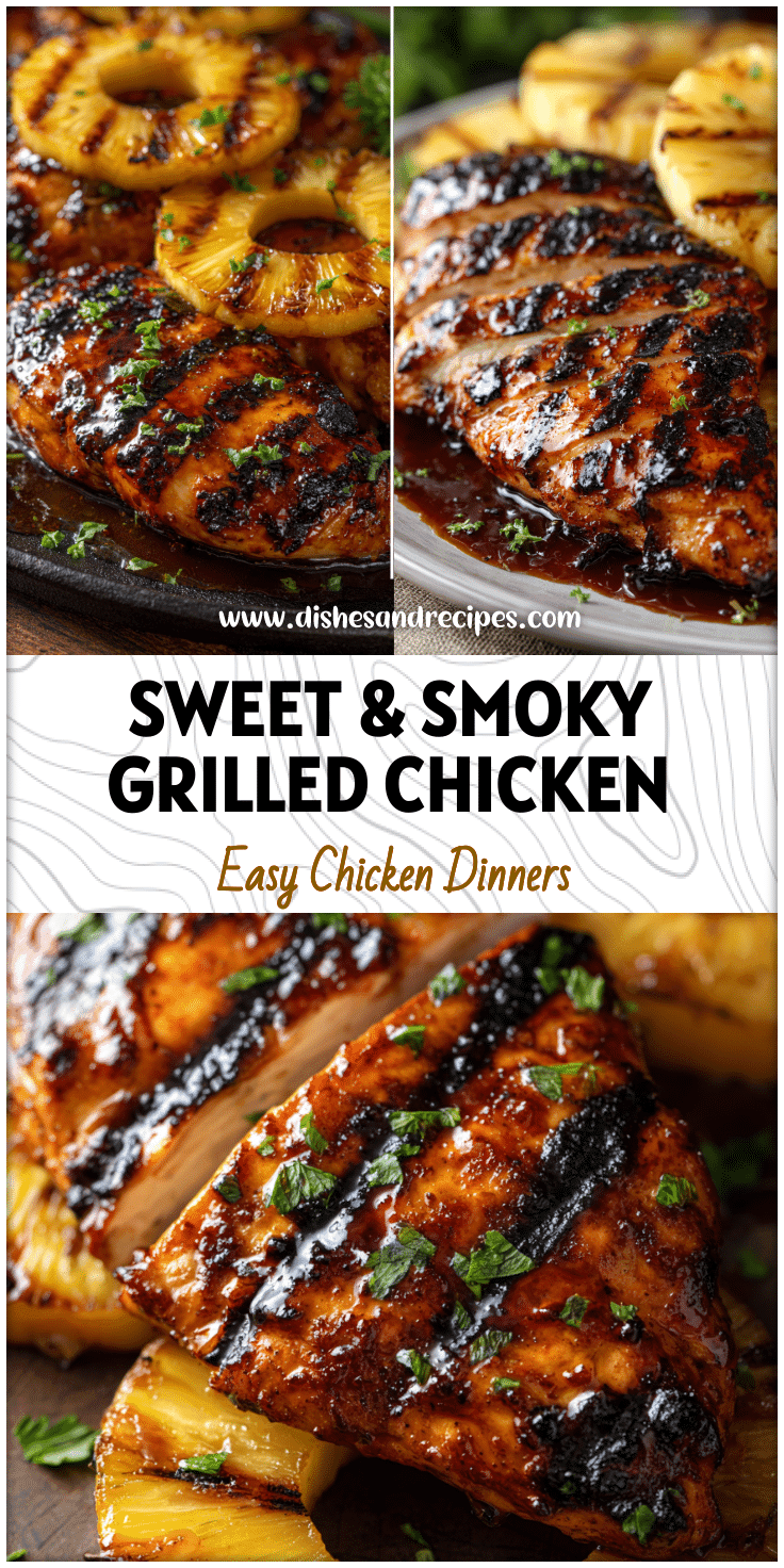 Sliced grilled chicken breast with pineapple rings and glaze on a summer grill platter.